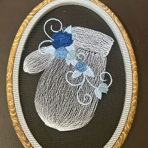 Embroidered Mitten Wall Art with Blue Roses